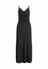 Abito lungo nero con spalline regolabili, tessuto arricciato sul busto, superficie testurizzata e silhouette fluente.