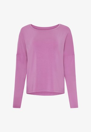 Lange mouw top in lichtroze, gemaakt van zachte stof. Heeft een brede halslijn en een relaxte pasvorm met geribbelde boorden.