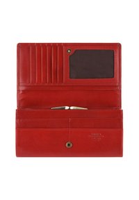 Rode leren portemonnee met meerdere kaartsleuven, een doorzichtig ID-raam en een klapsluiting. Gladde textuur met minimale hardwaredetails.