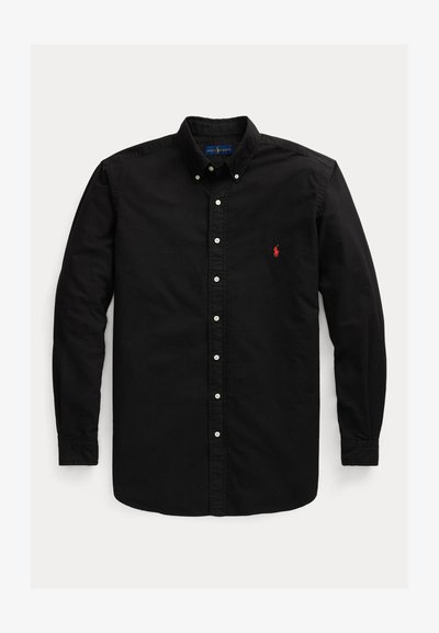 Black long-sleeve button-down shirt with buttoned collar and red embroidered logo on the left chest.