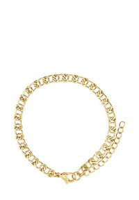 Bracciale in metallo dorato con forme ovali e rotonde collegate, dotato di chiusura e catena regolabile per la lunghezza. Texture liscia e lucida.