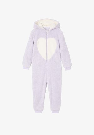Lilac fluffy onesie with a white heart patch, full zip front, and hood. Cuffs and hem are purple. Soft texture throughout.
