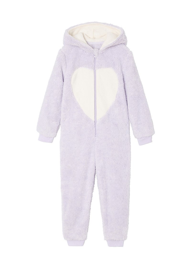 Lilac fluffy onesie with a white heart patch, full zip front, and hood. Cuffs and hem are purple. Soft texture throughout.