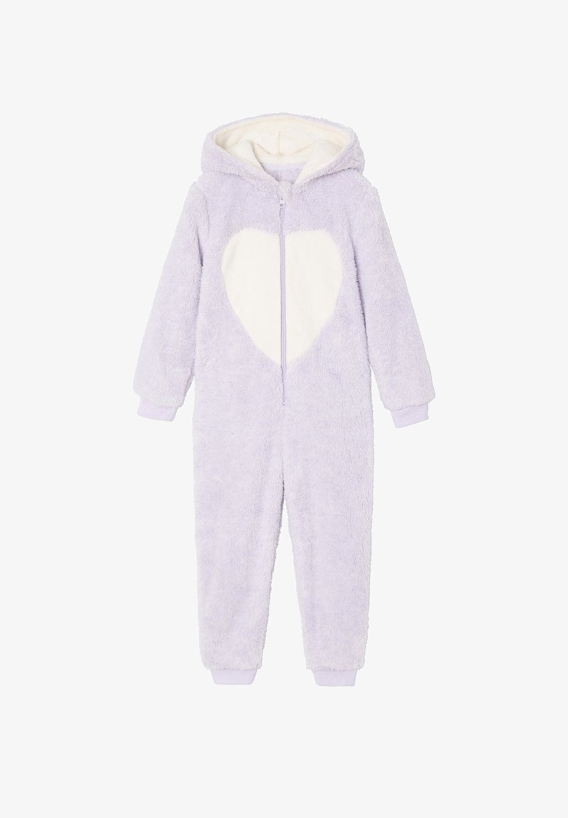 Lilac fluffy onesie with a white heart patch, full zip front, and hood. Cuffs and hem are purple. Soft texture throughout.