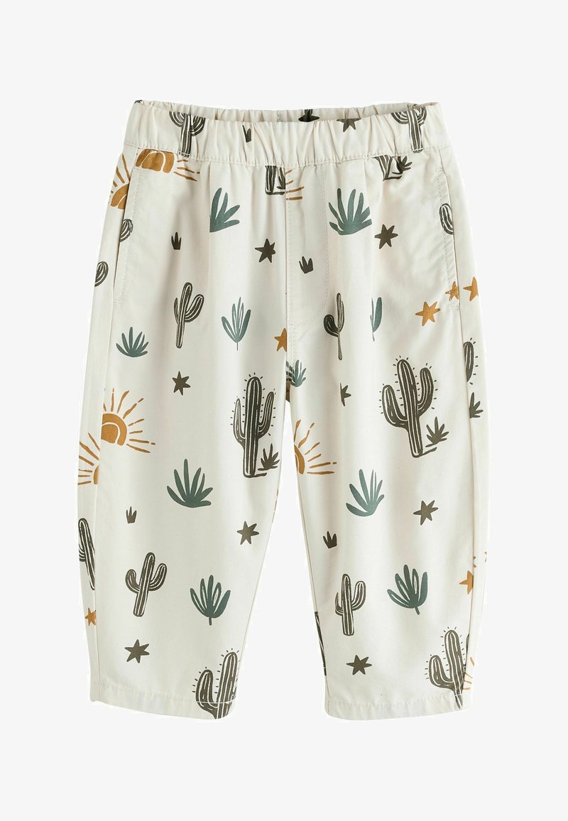 Roomkleurige peuterbroekjes met elastische taille, versierd met groene cactussen, oranje zonnen en bruine sterpatronen.