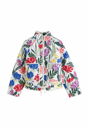 Weißes Reißverschluss-Jacke mit Taillenkordel, verziert mit bunten Blumen- und grünen Blattmustern und zwei aufgesetzten Fronttaschen.