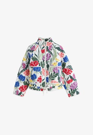 Weißes Reißverschluss-Jacke mit Taillenkordel, verziert mit bunten Blumen- und grünen Blattmustern und zwei aufgesetzten Fronttaschen.