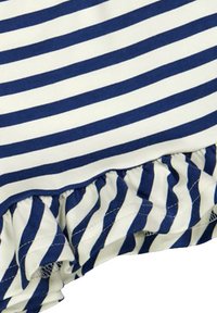 Tessuto a righe navy e bianche con orlo arricciato. Le righe sono orizzontali, con colori a contrasto e una consistenza morbida e liscia.