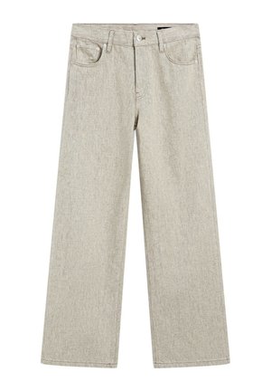 Jean beige évasé en denim texturé, avec une conception à cinq poches et une fermeture à bouton. Coutures simples décoratives.