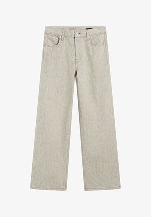 Wide-leg beige jeans made of textured denim, featuring a five-pocket design and a button closure. Simple stitching accents throughout.