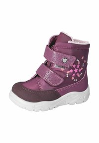 Stivale invernale lilla per bambini con suola bianca, due strap in Velcro, motivo di stelle rosa e argento, e imbottitura in pelliccia all'interno della caviglia.