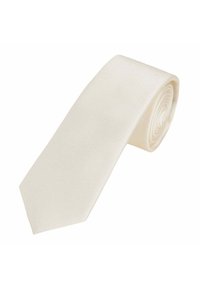 Seidene Krawatte in Elfenbein mit glatter, glänzender Oberfläche. Schmale Form mit spitzem Ende, das ein diagonales Rippmuster für subtile Details aufweist.