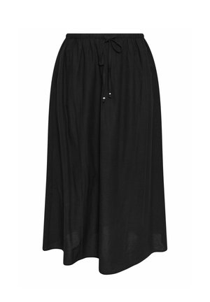 Zwarte midi-rok met een elastische tailleband met plooitjes en verstelbare trekkoord, vloeiende stof en subtiele textuur.