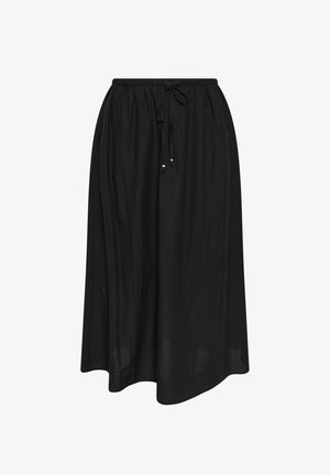 Gonna midi nera con vita elastica arricciata e coulisse regolabile, tessuto fluido e texture delicata.