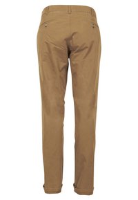 Bruine katoenen broeken met een rechte pasvorm, voorzien van twee achterzakken en een omgeslagen zoom. Glad textuur met strakke lijnen en minimale detailing.