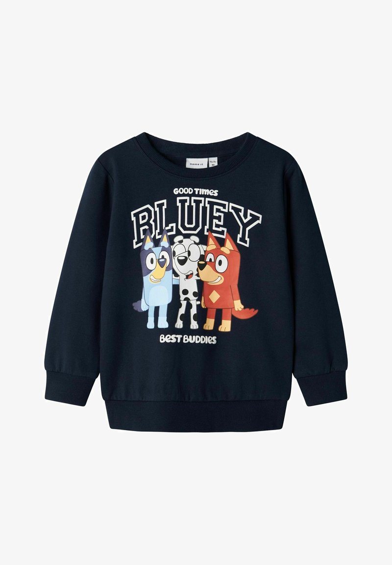 Sweat-shirt bleu marine avec trois chiens dessin animés, texte "Good Times", "Bluey" et "Best Buddies" sur le devant, poignets et ourlet côtelés.