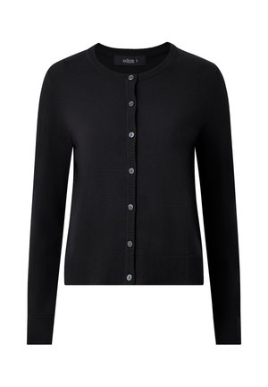 Cardigan noir à manches longues avec encolure ronde, sept boutons à l'avant, poignets et ourlet côtelés, taille indiquée : petit.