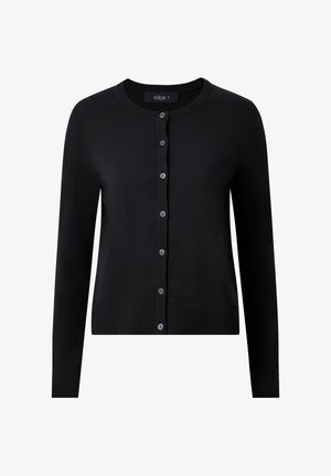 Zwarte cardigan met lange mouwen, ronde halslijn, zeven knopen aan de voorkant, geribde manchetten en zoom, gelabeld maat small.