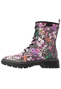 Bottes à lacets avec un motif floral, un design noir et multicolore, une tige texturée, une semelle en caoutchouc robuste et des détails de couture contrastés.