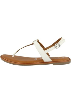 Hvide lædersandaler med en tåsko-design, justerbar ankelstrop og en brun sål. Har synlig syning og en glat tekstur.