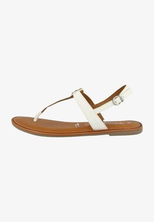 Sandale en cuir blanc avec un design à attache entre les orteils, une bride de cheville ajustable et une semelle marron. Présente des coutures visibles et une texture lisse.