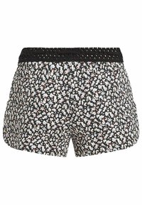 Svart shorts med blommönster och en texturerad svart midjeband samt fickor. Har små blommor i olika färger, främst rosa och blå.