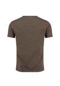 T-shirt marrone a maniche corte realizzato in un tessuto morbido e leggero. Presenta un collo a giro e un design della schiena semplice e senza cuciture.
