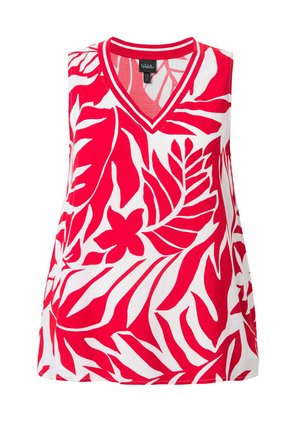 Ärmelloses Top in Weiß mit auffälligem roten tropischen Blattdruck. Verfügt über einen V-Ausschnitt und einen kontrastierenden roten Saum am Kragen. Leichter Stoff.