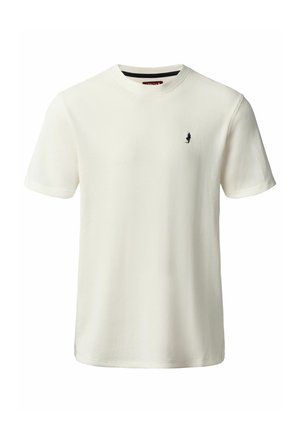 Cremefarbendes, kurzärmliges T-Shirt mit Rundhalsausschnitt und kleinem schwarzen Emblem einer stehenden Person auf der linken Brust.