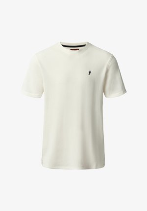 Kreminės tekstūros trumpomis rankovėmis marškinėliai su apvalia iškirpte ir mažą juodą stovinčio žmogaus emblema kairiajame krūtinės šone.