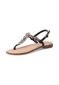 Zwarte teen-sandalen met decoratieve edelsteenaccenten. Heeft een platte zool en een verstelbare gesp. De gladde tan voetbed vormt een contrast met het ontwerp.