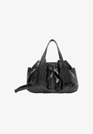 Black leather handbag with a soft, gathered design. Features dual top handles, a drawstring closure, and textured side accents.