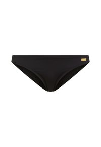 Μαύρο κάτω μέρος μπικίνι από λείο ύφασμα, με σχεδιασμό χαμηλής μέσης, λεπτές πλευρές και μικρό μεταλλικό λογότ υπο στη δεξιά πλευρά.