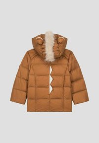 Giacca a vento marrone con cappuccio foderato in pelliccia sintetica, caratterizzata da orecchie da orso. Texture trapuntata e dettaglio a zigzag bianco sul retro.