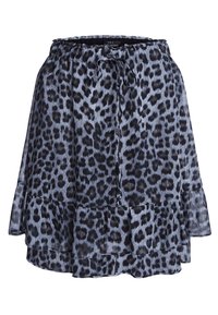 Falda de estampado de leopardo en tonos de gris y negro, que presenta una cinturilla elástica con cordón, un diseño de volantes en capas y una tela suave y texturizada.
