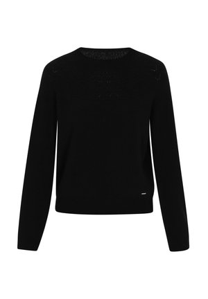 Melnā adīta džemperis ar apaļu dekoltē, garām piedurknēm un vieglu tekstūru. Iezīmējas ar smalku ģeometrisku rakstu ap dekoltē.
