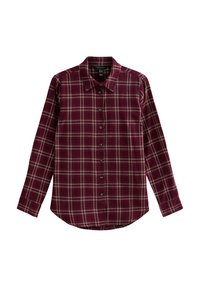 Chemise à carreaux bordeaux à manches longues, avec boutonnière et col. Présente un motif à carreaux blanc et noir et un design à ourlet arrondi.