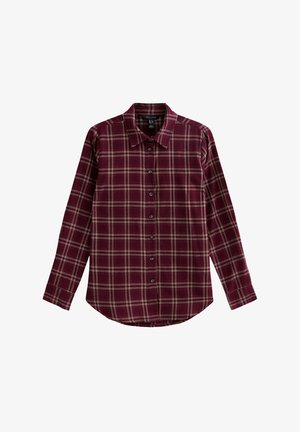 Koszula w burgundową kratę z długim rękawem, zapinana na guziki, z kołnierzykiem. Posiada biało-czarny wzór w kratę oraz zaokrąglony dół.