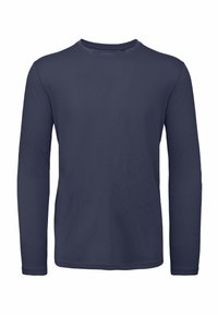 Mörkblå långärmad skjorta i slät tyg, med rundad halsringning och rak nederkant, med minimal design och inga synliga mönster.