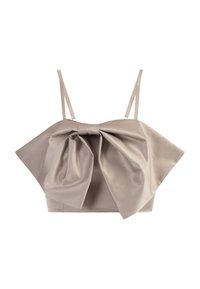 Beige satin cropped top med en stor sløjfedetail foran, med tynde justerbare stropper og en struktureret design.