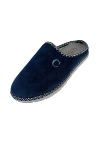 Pantofole blu navy con il tessuto morbido, cuciture decorative lungo i bordi e un design circolare ricamato sulla parte superiore.