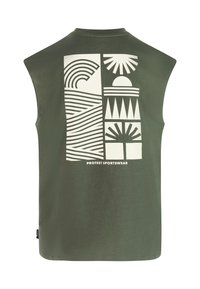 Olive green sleeveless shirt with a large white graphic design featuring abstract patterns like waves, sun, and trees on the back.