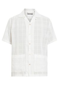 Camisa de lino de manga corta, blanca con un sutil patrón de cuadrícula, que cuenta con un cuello clásico, botones frontales y dos bolsillos en la parte delantera.