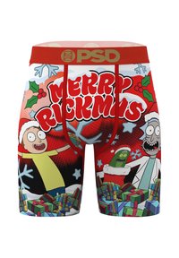 Boxer a tema natalizio con i personaggi dei cartoni animati Rick, Morty e Pickle Rick con cappelli da Babbo Natale, circondati da regali e fiocchi di neve.