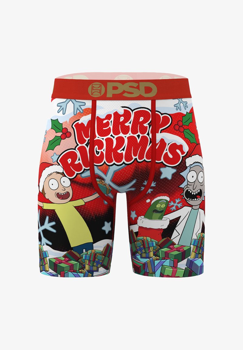 Boxer a tema natalizio con i personaggi dei cartoni animati Rick, Morty e Pickle Rick con cappelli da Babbo Natale, circondati da regali e fiocchi di neve.