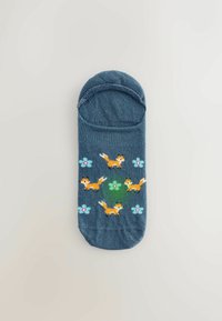 Blue cotton sock with a rounded toe, featuring orange foxes and flowers in light blue and green. Soft texture, playful design.