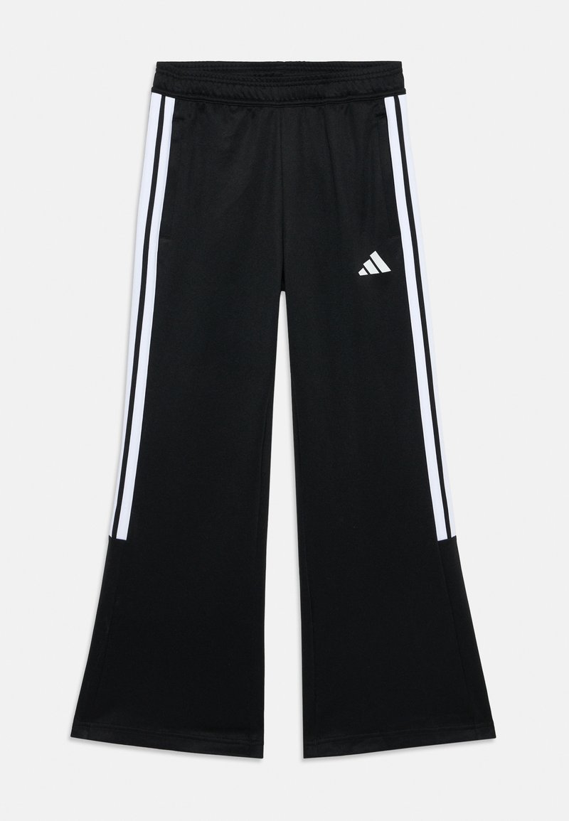 Black athletic pants with a wide-leg design, featuring white side stripes and an Adidas logo. Made from smooth, lightweight material.