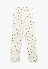 Lichte crèmekleurige broek met een textuurdesign, voorzien van kleine bruine patronen en een uitlopende zoom. Elastische tailleband voor comfort.