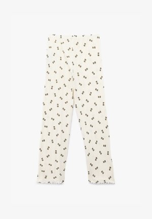 Pantaloni in crema leggeri con un design testurizzato, caratterizzati da piccoli motivi marroni e un orlo svasato. Vita elasticizzata per il comfort.