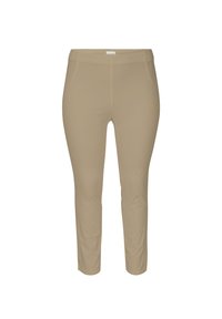 Beige maßgeschneiderte Hose mit schmaler Passform, zwei Vorderentaschen, glatter Textur und knöchellangem Design.